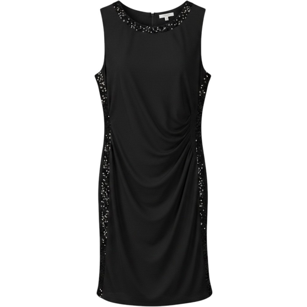 Chaps Black Sequin Trim Ruched Sleeveless Cocktail Sheath Dress L Semi-formal